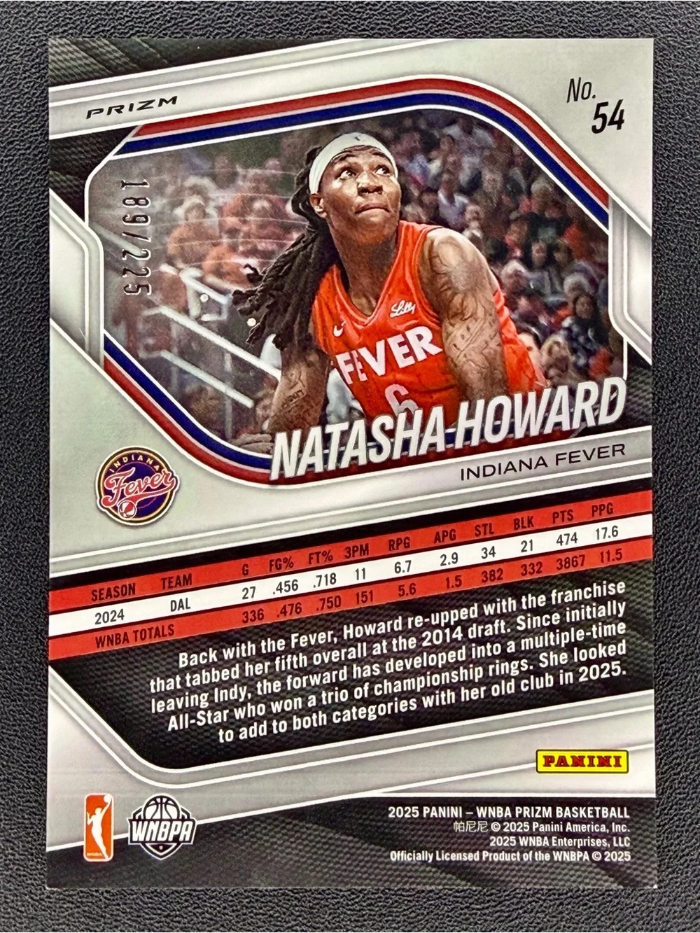 2025-26 Panini WNBA Prizm NATASHA HOWARD Lime Green Holo /225 #54 Indiana Fever
